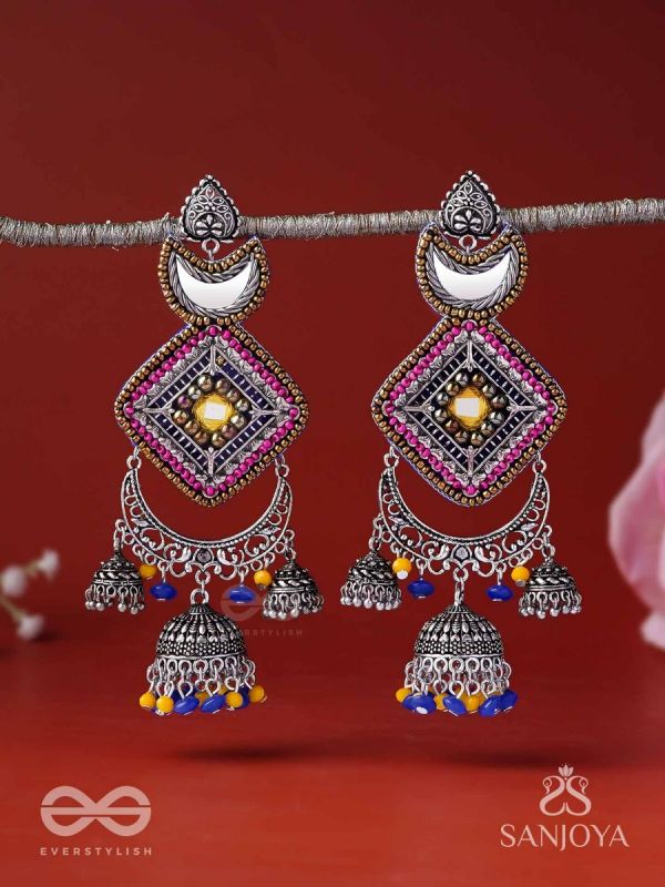 CHANDRAKANTA-MOONSTONE EARRINGS-STATEMENT OXIDISED JHUMKAS WITH MIRROR, BEADS AND THREAD WORK