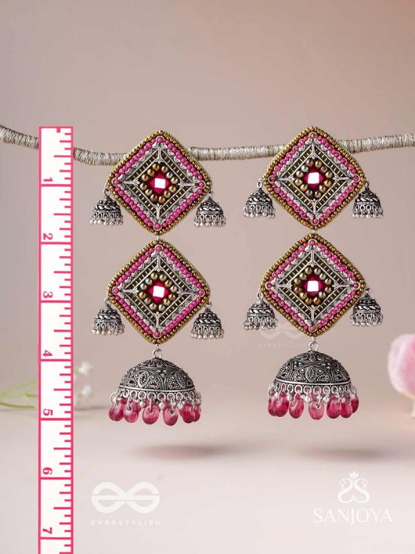 VISHRUTA-CELEBRATED ELEGANCE-STATEMENT OXIDISED JHUMKAS WITH MIRROR, BEADS AND THREAD WORK