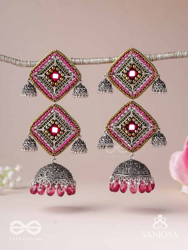 VISHRUTA-CELEBRATED ELEGANCE-STATEMENT OXIDISED JHUMKAS WITH MIRROR, BEADS AND THREAD WORK