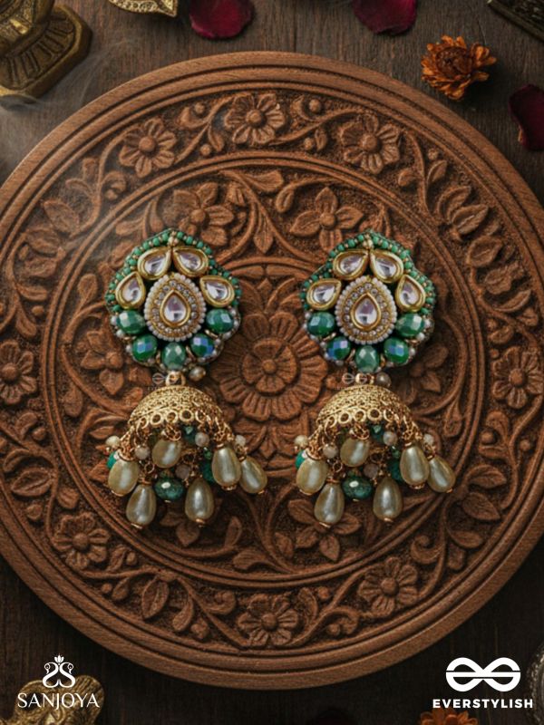 Sphārikā- Crystal Radiance-Jhumka earrings adorned with diamond shaped stones,beads and pearls of golden, white and turquoise accents