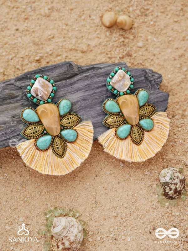 Kāñcīśikha-Tassel Glow Earrings-Blend of gemstones,beads and bohemian macramé fringes for a free-spirited look.