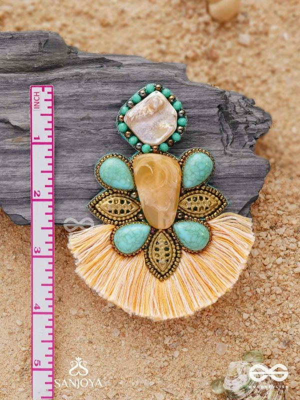Kāñcīśikha-Tassel Glow Earrings-Blend of gemstones,beads and bohemian macramé fringes for a free-spirited look.