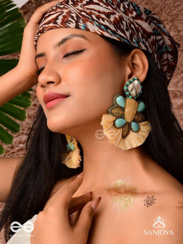 Kāñcīśikha-Tassel Glow Earrings-Blend of gemstones,beads and bohemian macramé fringes for a free-spirited look.