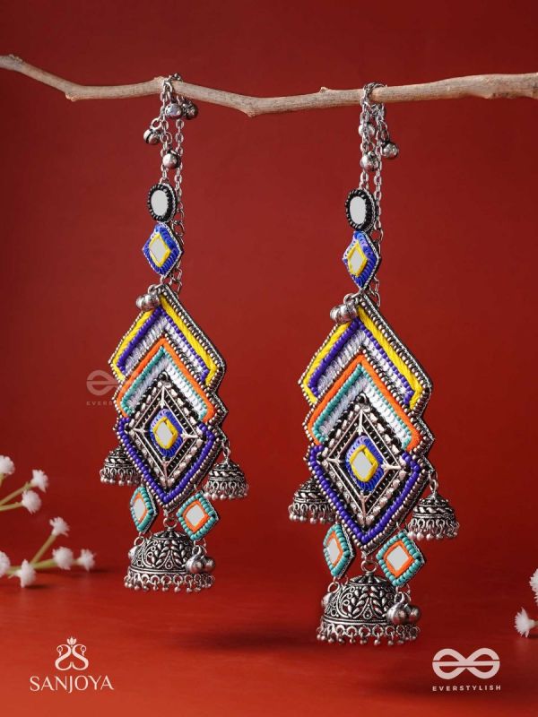 Pratibimbā-Reflective Jhumka-Brick stitch pattern earrings with geometric mirror inlays, thread work and jhumkas.