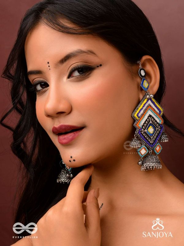 Pratibimbā-Reflective Jhumka-Brick stitch pattern earrings with geometric mirror inlays, thread work and jhumkas.