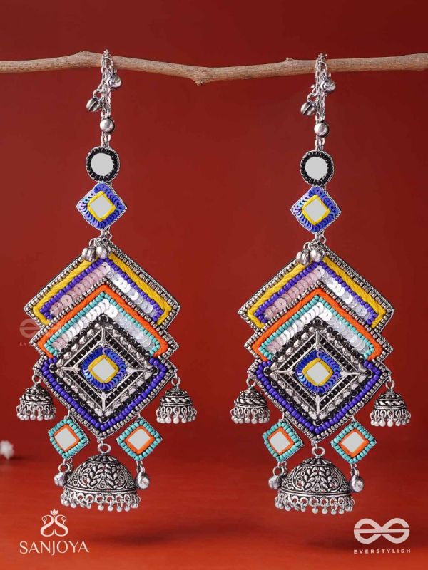 Pratibimbā-Reflective Jhumka-Brick stitch pattern earrings with geometric mirror inlays, thread work and jhumkas.