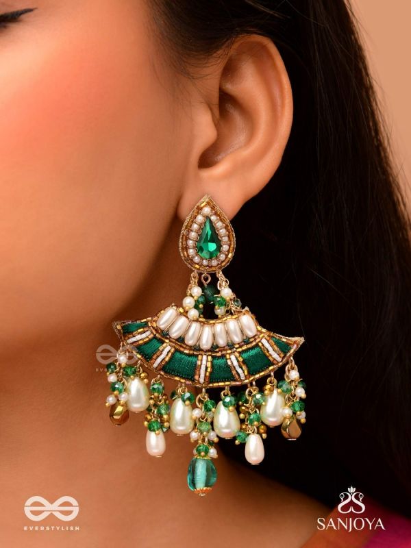 CHANDRAVATA- CRESCENT BRANCH EARRINGS- EMBROIDERED EARRINGS WITH STONES, BEADS, PEARLS AND RESHAM WORK