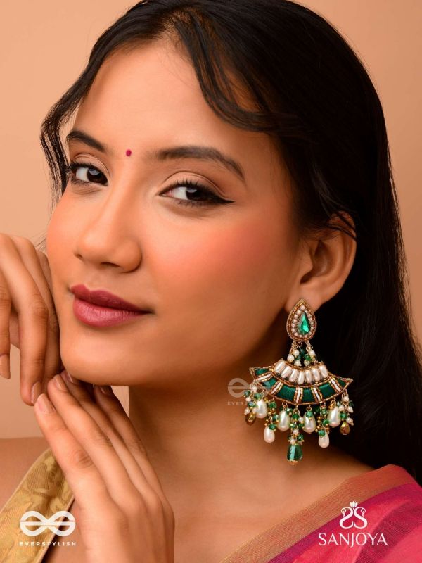 CHANDRAVATA- CRESCENT BRANCH EARRINGS- EMBROIDERED EARRINGS WITH STONES, BEADS, PEARLS AND RESHAM WORK