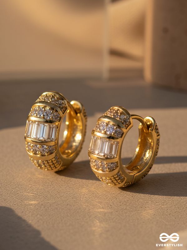 GLEAMING BAND - 18K GOLD PLATED ANTI-TARNISH CLASSY HOOPS EARRINGS INLAID WITH CUBIC ZICRONIA STONES