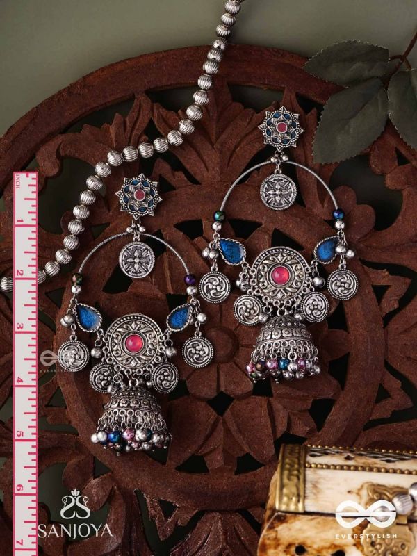 SHUBHRAVILASA- RADIANT GRACE- SILVER TONED EARRINGS, CIRCULAR MOTIFS ADORNED WITH GHUNGROOS AND JHUMKA
