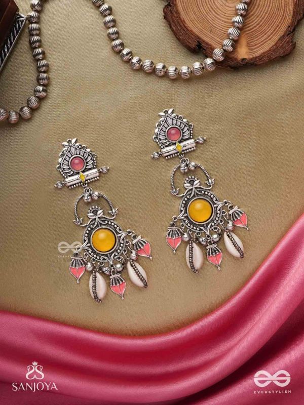  SURYARATNA-SUN GEM-SILVER-TONED EARRINGS ACCENTED WITH DANGLING COWRIE SHELLS AND GHUNGHROO'S