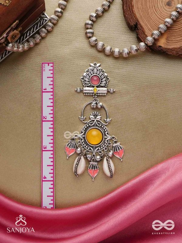  SURYARATNA-SUN GEM-SILVER-TONED EARRINGS ACCENTED WITH DANGLING COWRIE SHELLS AND GHUNGHROO'S