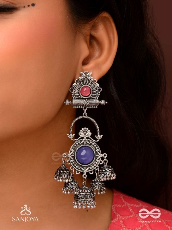  NEELADHARA-BLUE STREAM-OXIDIZED EARRINGS COMPLEMENTED BY STONES, BEADS AND DANGLING JHUMKAS