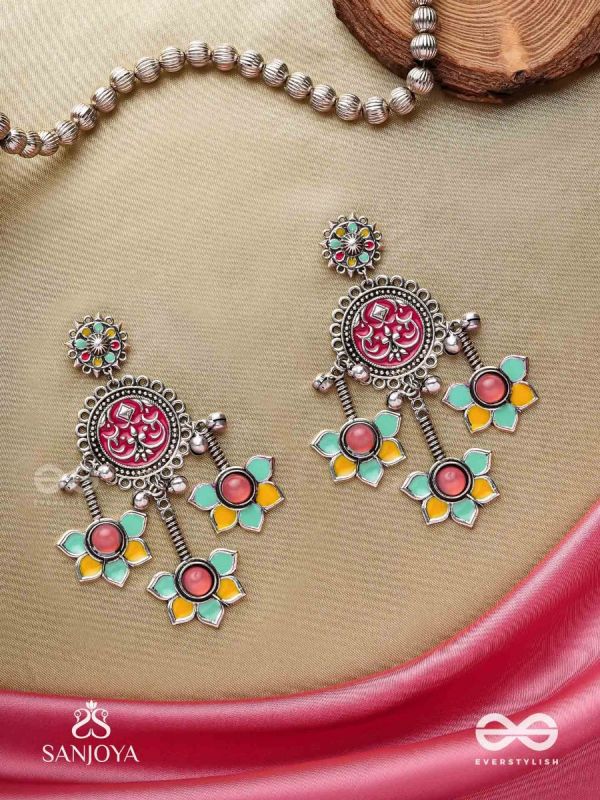  SHAHIPUSHP- ROYAL BLOSSOM- ENAMELLED EARRINGS WITH MULTI COLOURED STONES SET IN SILVER TONED METAL