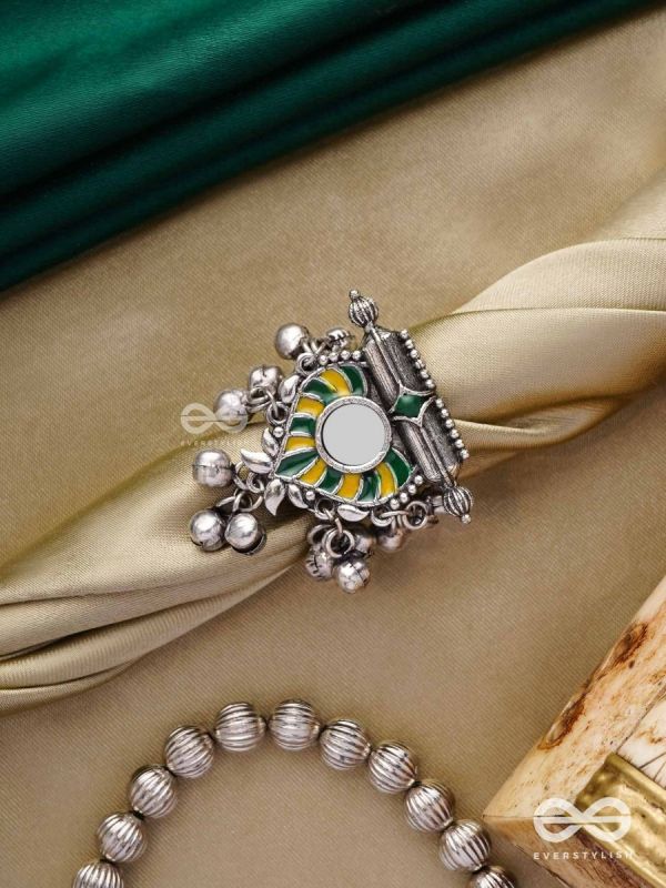 Moss Canopy-  Enamelled Oxidized Adjustable ring  with ghungroos and mirror.