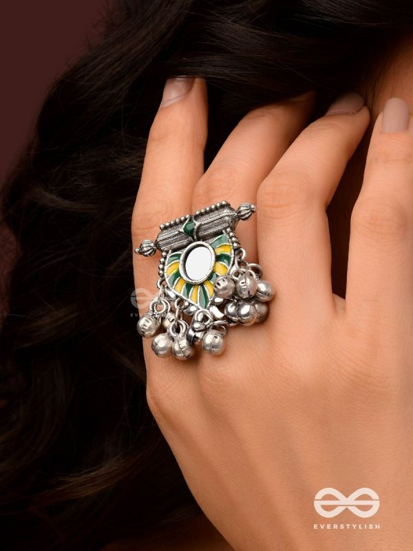 Moss Canopy-  Enamelled Oxidized Adjustable ring  with ghungroos and mirror.