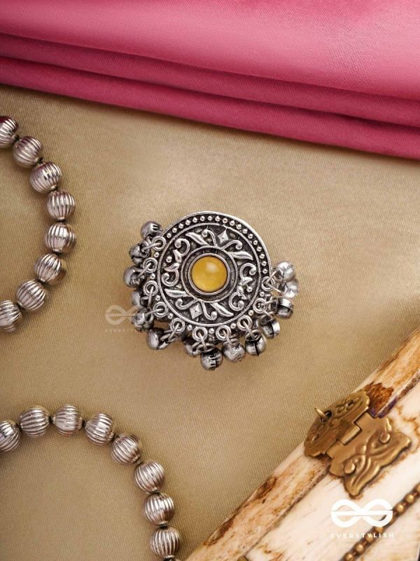Pitamani-Yellow jewel- oxidized adjustable ring in golden hues with Ghunghroo's.
