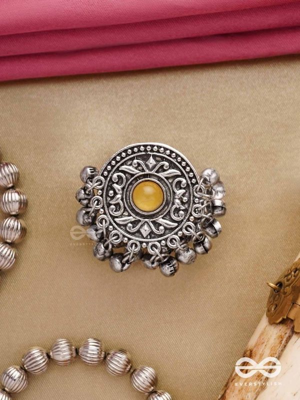 Pitamani-Yellow jewel- oxidized adjustable ring in golden hues with Ghunghroo's.