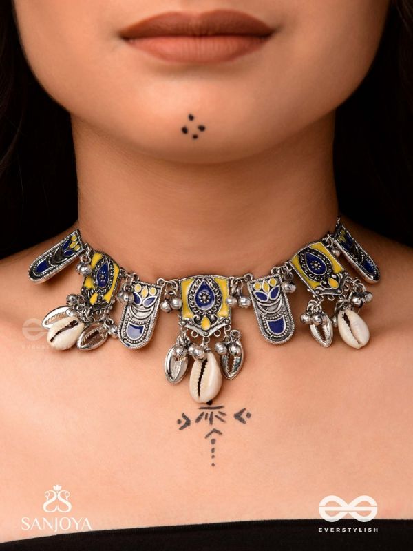 Shankhariti-Conch Elegance- Enamelled Choker neckpiece with pastel motifs with cowrie shells and ghunghroo