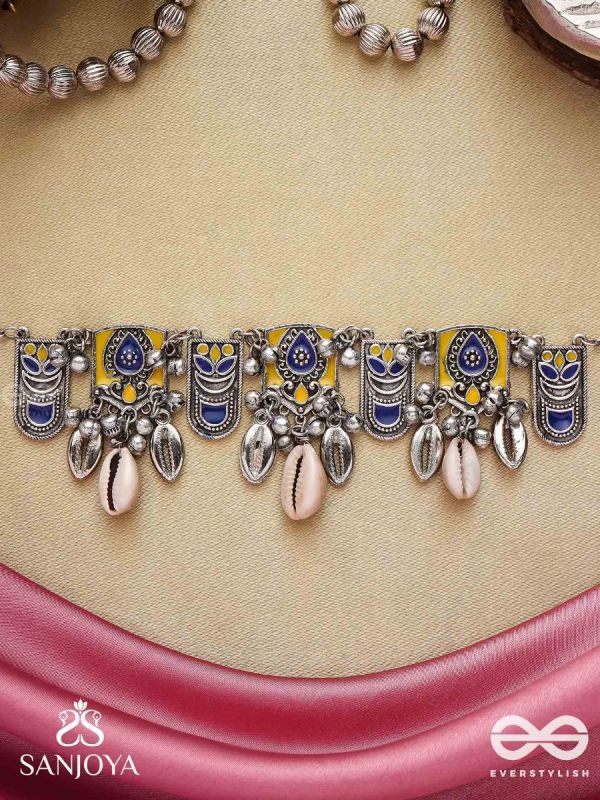 Shankhariti-Conch Elegance- Enamelled Choker neckpiece with pastel motifs with cowrie shells and ghunghroo