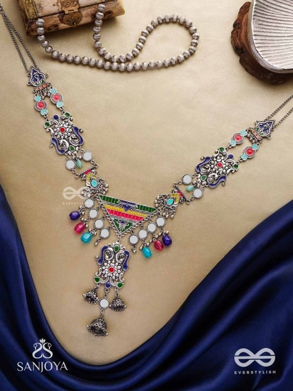 Prema raga- Love colour- Enamelled oxidized neckpiece embellished with beads, mirror and dangling jhumka.