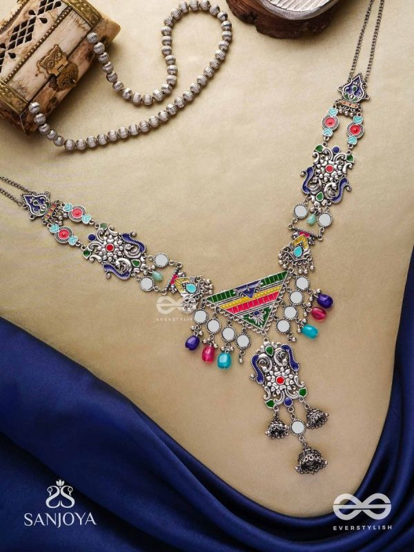 Prema raga- Love colour- Enamelled oxidized neckpiece embellished with beads, mirror and dangling jhumka.