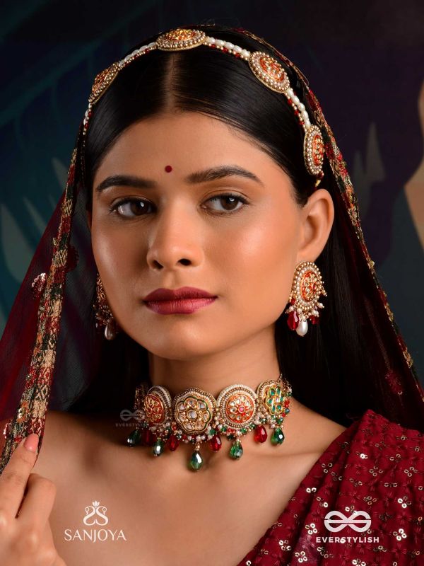 KUSUMAVALI - ROW OF FLOWERS - GOLDEN CIRCLES, PEARLS, RED DROPS AND KUNDAN HAND EMBROIDERED MATHAPATTI