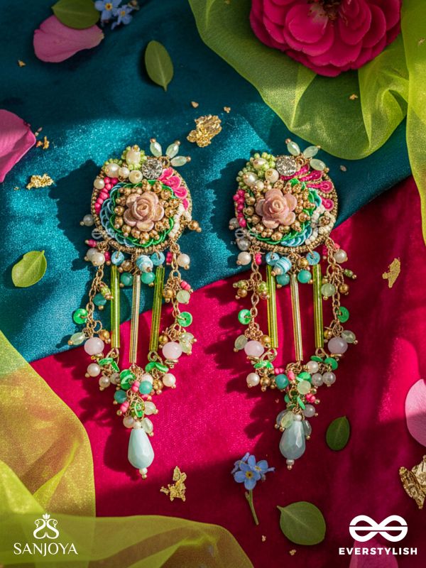 MANJUSUMANA - BEAUTIFUL BLOSSOM - PASTEL COLOR BEADS  AND DETAIL WORK WITH GOLDEN EMBELLISHMENT EARRINGS