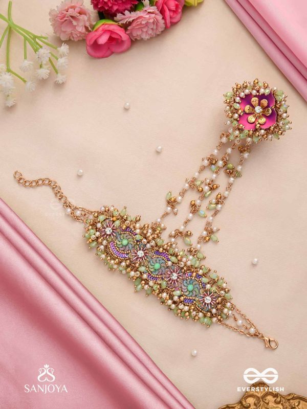 RANGOLIKA - A CANVAS OF COLORS - PEARLS, COLORFUL BEADS AND GOLDEN  HAND EMBROIDERD HATHPHOOL 