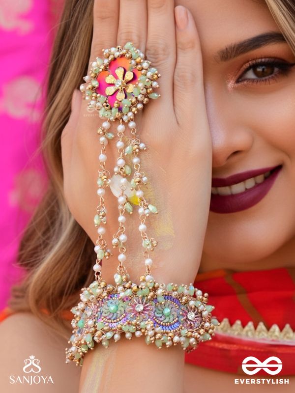 RANGOLIKA - A CANVAS OF COLORS - PEARLS, COLORFUL BEADS AND GOLDEN  HAND EMBROIDERD HATHPHOOL 