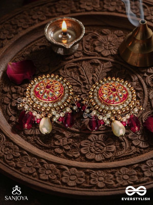 KUSUMAVALI - ROW OF FLOWERS - STONES, PEARLS AND RED BEADS KUNDAN HAND EMBROIDERED EARRINGS