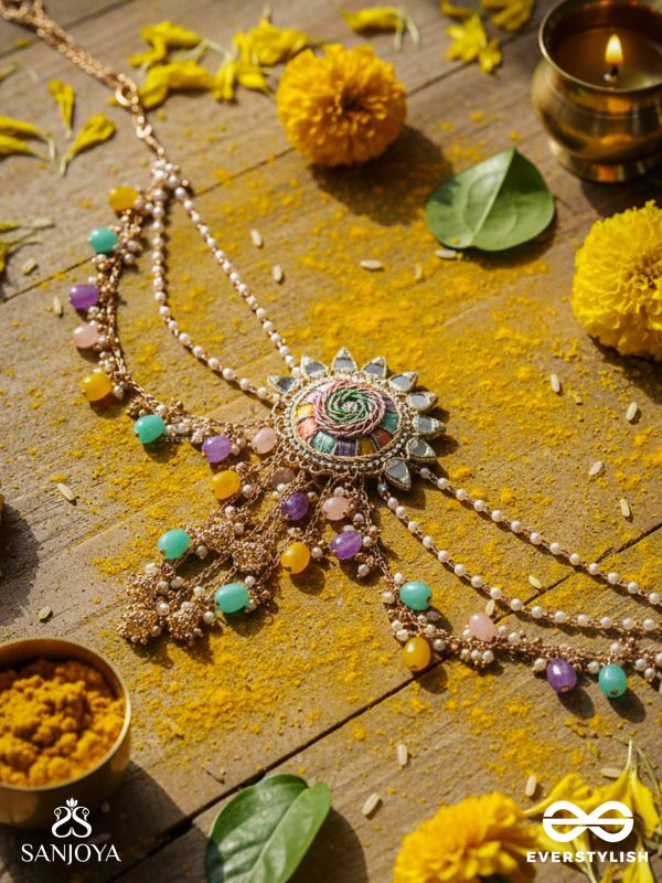 RANGVATI - FULL OF COLORS - EMBROIDERED MIRROR WORK HAIR ACCESSORY WITH MULTI-COLORED BEADS AND GOLDEN CHAINS