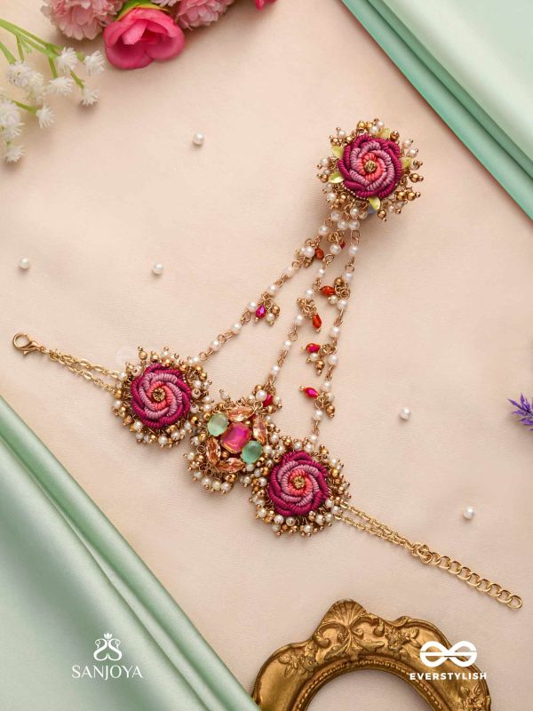 GULRATNA - JEWEL OF ROSES - HANDCRAFTED ROSE HAATHPHOOL WITH BEADED FRINGES, PEARLS AND GEM DETAILS