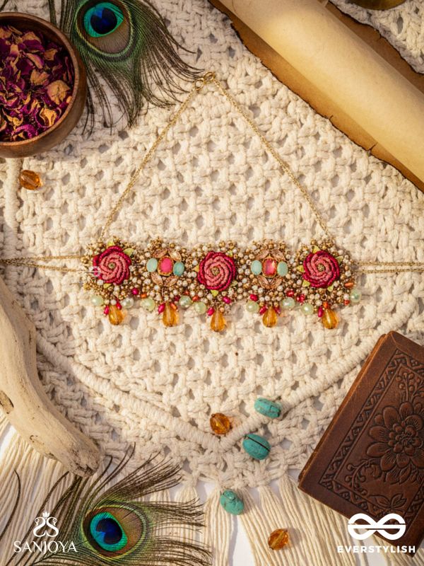 GULRATNA - JEWEL OF ROSES - HANDCRAFTED ROSE CHOKER WITH BEADED FRINGES, PEARLS AND GEM DETAILS