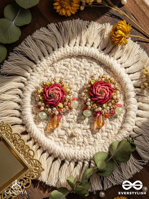 GULRATNA - JEWEL OF ROSES - HANDCRAFTED ROSE EARRINGS WITH BEADED FRINGES, PEARLS AND GEM DETAILS