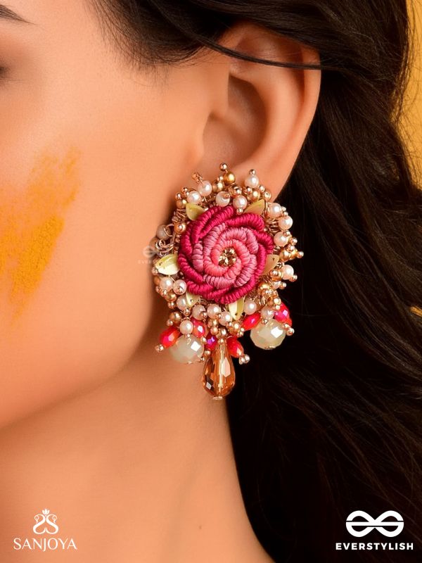 GULRATNA - JEWEL OF ROSES - HANDCRAFTED ROSE EARRINGS WITH BEADED FRINGES, PEARLS AND GEM DETAILS