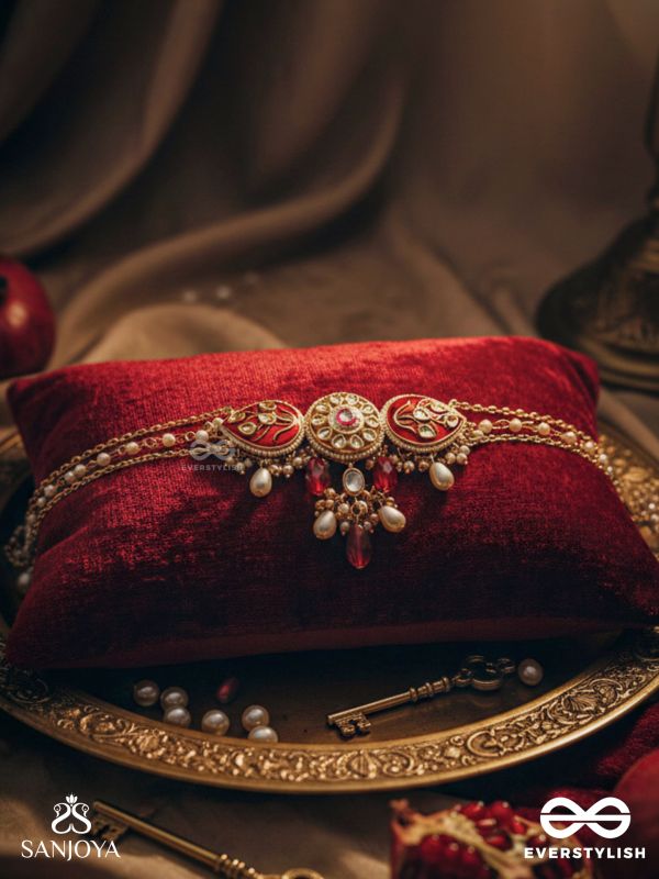 ARUNAMUKHI- FACE OF THE RED SUN- GLORIOUS KUNDAN NECKLACE WITH RED ENAMEL DETAILS AND PEARL EMBELLISHMENTS 