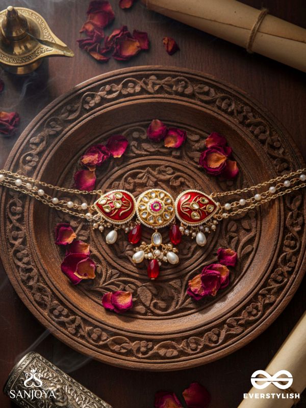 ARUNAMUKHI- FACE OF THE RED SUN- GLORIOUS KUNDAN NECKLACE WITH RED ENAMEL DETAILS AND PEARL EMBELLISHMENTS 