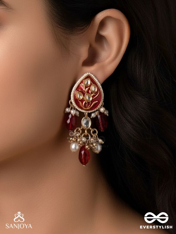 ARUNAMUKHI- FACE OF THE RED SUN- GLORIOUS KUNDAN EARRINGS WITH RED ENAMEL DETAILS AND PEARL EMBELLISHMENTS 