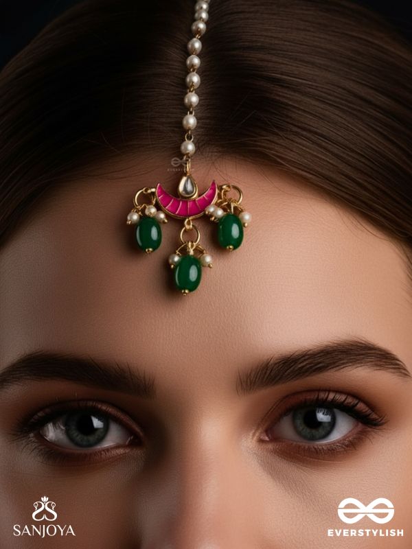 SHASHIRATNA- JEWEL OF THE MOON- KUNDAN MAANGTIKA INSPIRED BY THE MOON’S RADIANCE WITH PEARLS AND  GREEN DROPS