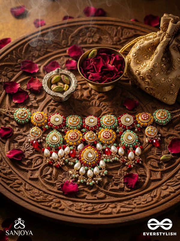 VIBHAVARI - NIGHT FULL OF SPLENDOR - MULTI-COLOR ENAMELLED KUNDAN NECKLACE WITH PEARLS AND BEADS