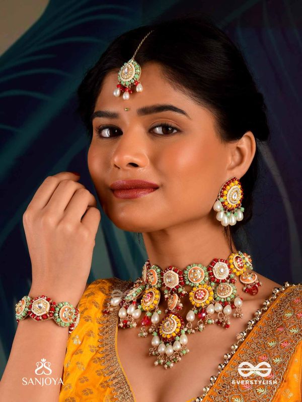 VIBHAVARI - NIGHT FULL OF SPLENDOR - MULTI-COLOR ENAMELLED KUNDAN MAANGTIKA WITH PEARLS AND BEADS