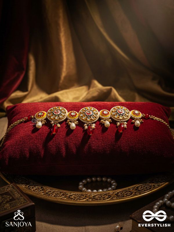 DIVYANJALI - DIVINE OFFERING-  KUNDAN, PEARLS, AND RED STONES HANDMADE NECKLACE