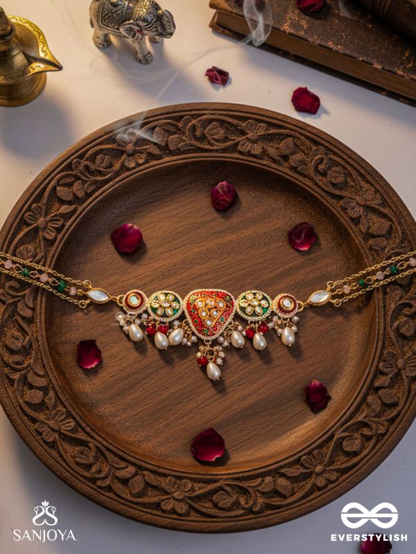 SUNDARIKA - BEAUTIFUL ONE - INTRICATE KUNDAN NECKLACE WITH ENAMEL WORK AND PEARL DROPS
