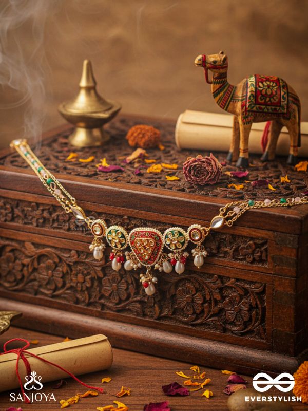 SUNDARIKA - BEAUTIFUL ONE - INTRICATE KUNDAN NECKLACE WITH ENAMEL WORK AND PEARL DROPS
