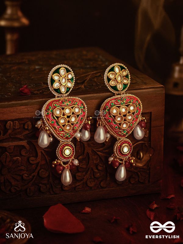 SUNDARIKA - BEAUTIFUL ONE - INTRICATE KUNDAN EARRINGS WITH ENAMEL WORK AND PEARL DROPS