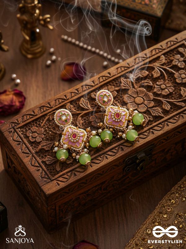 MADHUVRATA – SWEET AS SPRING BLOOM - GRACEFUL PINK ENAMELLED EARRINGS WITH KUNDAN GREEN BEADS AND PEARL DROPS