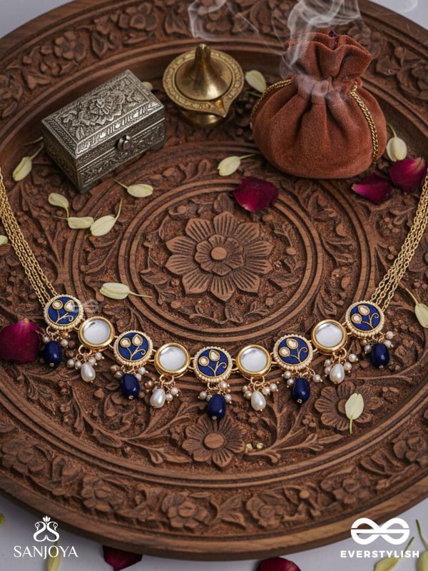 SHITALA - COOL AND CALM- KUNDAN, BLUE STONES, AND PEARLS HANDMADE NECKLACE 