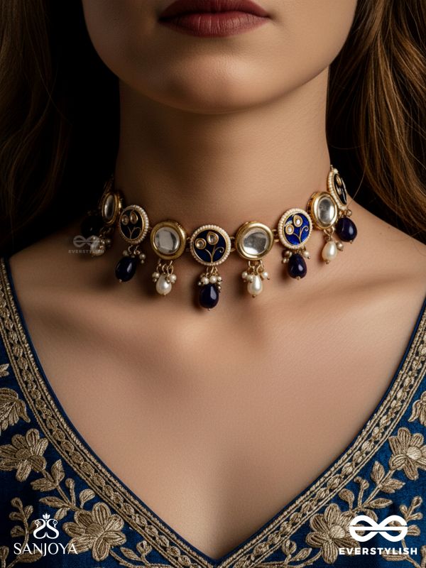 SHITALA - COOL AND CALM- KUNDAN, BLUE STONES, AND PEARLS HANDMADE NECKLACE 