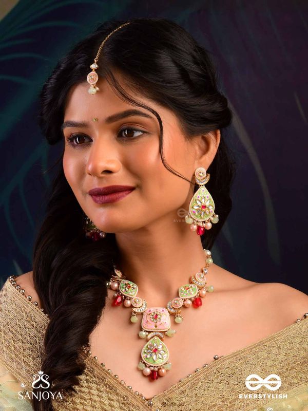 MADHUBHUSHANA - ADORNED WITH SWEETNESS - HANDCRAFTED KUNDAN ENAMEL MAANGTIKA WITH PEARL AND GEM DROPS